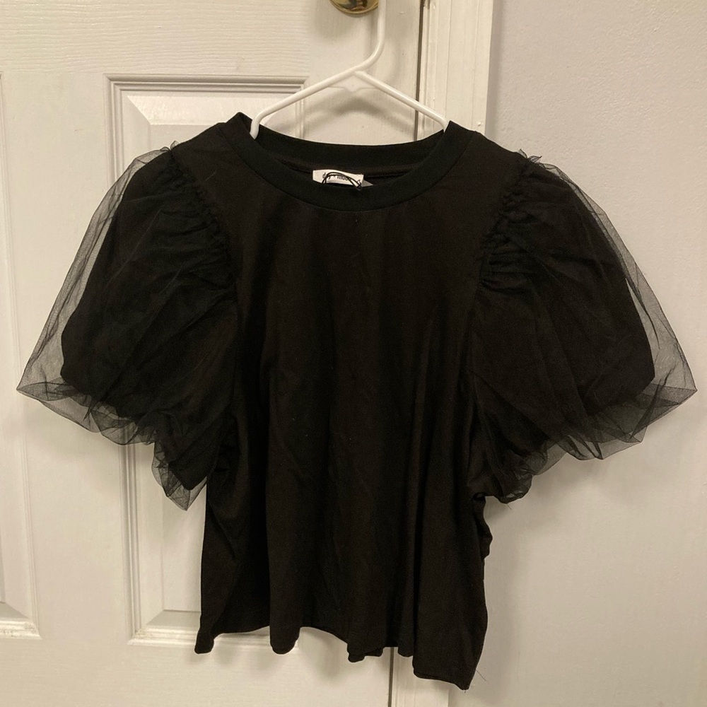 NWT Day + Moon Tulle Puff-Sleeve Black Top Women's Size Large